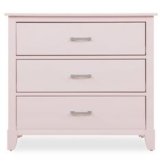 a pink dresser with three drawers and two silver pulls on the bottom drawer, against a white background