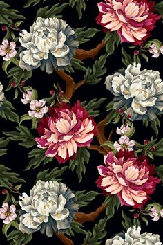 a black background with pink, white and red flowers