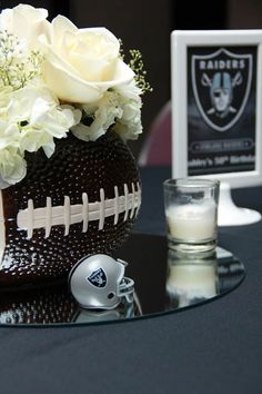 Football Vase, Football Party Centerpieces, Raiders Wedding, Football Wedding Theme, Football Centerpieces, Banquet Centerpieces, Football Banquet, Football Wedding, Football Baby Shower