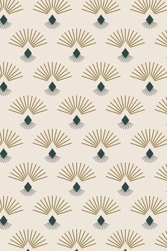 an abstract pattern with gold and green shapes on a beige background, in the shape of sunbursts