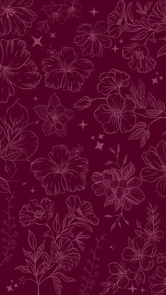 a purple background with white flowers and stars on the bottom right corner is an illustration of leaves, which appear to be drawn in pink ink