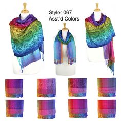 Dimensions : 28" width x 78" length with Fringes. Lightweigt and soft, easy to carry, great gift. perfect for daiy life, wedding, party, special occasin. Each Pack contains 12 Pcs in assorted colors Cheap Multicolor Shawl For Gift, Shawl Color Combination, Skirt Swimwear, Embroidery Scarf, Pashmina Wrap, Tshirt Headband, Scarf Sale, Lace Scarf, Wrap Shawl