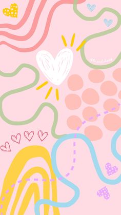 an abstract painting with hearts and lines on pink background, in pastel colors that appear to be painted