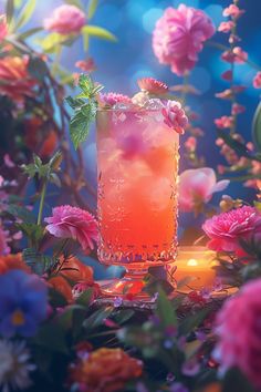 a tall glass filled with pink liquid surrounded by flowers