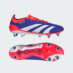 a pair of soccer shoes with the word predator written on them and an orange, blue, and white shoe