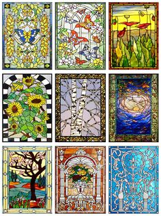 nine stained glass panels with trees and flowers