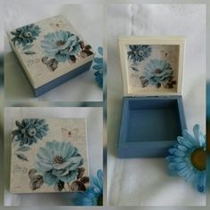 four pictures of an open box with blue flowers on it