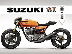 an orange and black motorcycle parked next to a white sign that says suzuki gt 200