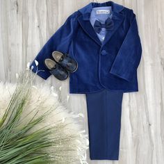 Charles Suit (Blue) - Couture - Itty Bitty Toes Blue Velvet Jacket, Pleated Slacks, Blue Velvet Suit, Suit For Boys, Velour Jacket, Blue Button Down Shirt, Plaid Bow Tie, Tiny Clothes, Suit Blue