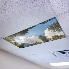 the ceiling in an office building is covered with raindrops and has a reflection of trees on it