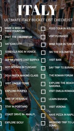 a travel checklist with the words italy in white and black on it, along with an image of a gondola