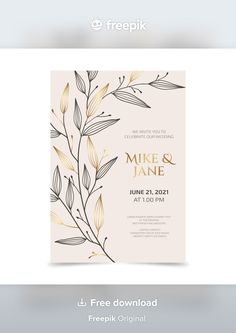 a wedding card with gold leaves on it