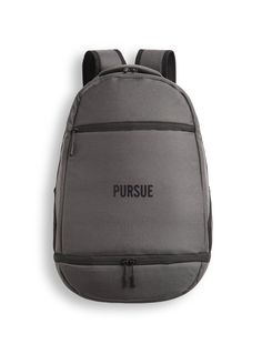 a grey backpack with the word pursue printed on it