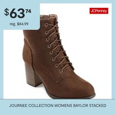 Closure Type: Lace-UpShaft Circumference: 11 1/2 InchesBoot Shaft Height: 6 InchesShoe Heel Height: 2 3/4 InchesUpper/Outer Base Material: 100% PolyuretheneShoe Lining Material: FabricSole Material Content: 100% PolyurethaneToe Type: Plain ToeHeel Style: Stacked HeelCountry of Origin: Imported Rise Above, Journee Collection, Stacked Heel, Ankle Booties, Boots Booties, Faux Suede, Bootie Boots, Night Out, Heel Height