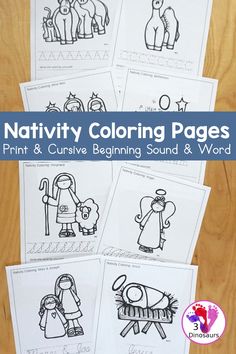 Free Nativity Coloring Printable with Word Print & Cursive – 3 Dinosaurs