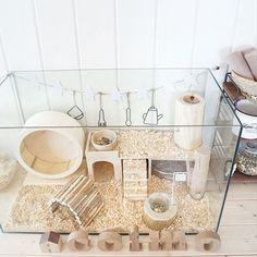 a glass display case filled with items on top of a wooden floor in front of a white wall