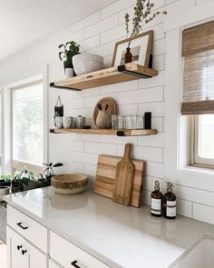 the kitchen counter is clean and ready to be used as a cook's station