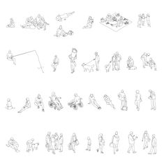 an image of people doing different things in the same line drawing style, all standing and sitting