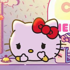 a hello kitty wallpaper with an image of a cat in the background and other items around it