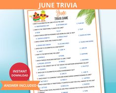 the june trivia game is shown with an orange border and blue water in the background