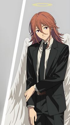 an anime character in a suit and tie with angel wings on his shoulder, standing next to a wall