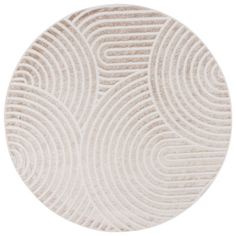 a white circular rug with wavy lines on the bottom, and an oval pattern in the middle