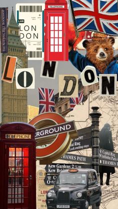 a collage of british symbols including a phone booth, london and a red telephone box