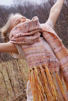 A chunky woven scarf featuring a lovely tie-dye pink merino yarn. I wove this scarf on a floor loom, personally designing and crafting the patterns and designs on this one-of-a-kind scarf. I enjoy using beautiful fibers and materials while participating in the timeless art form of weaving. This artistic scarf would be the perfect item to elevate your outfit during lovely Fall days and add personality to your own style. Floor Loom, Loom Projects, Weaving Looms, Weaving Loom Projects, Rigid Heddle Weaving, Woven Scarf, Handwoven Scarf, Weaving Loom, Woven Scarves