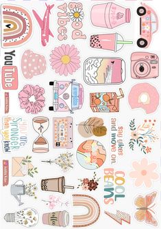 an assortment of stickers that include flowers, lipsticks and other things in pink