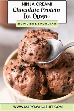 chocolate ice cream in a white bowl with a spoon on it and the title overlay reads, ninja cream chocolate protein ice cream