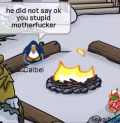 an image of a cartoon fire in the middle of a snow covered ground with penguins around it