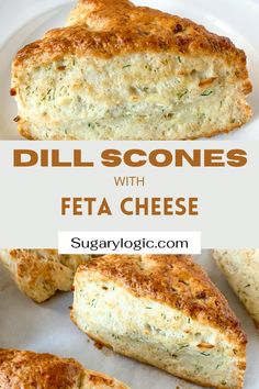 A single dill scone and a tray of dill scones with feta cheese. Feta Biscuits, Dill Scones, Feta Scones, Breakfast Scones, Savory Baking, Feta Cheese Recipes, Sweet Savory Recipes