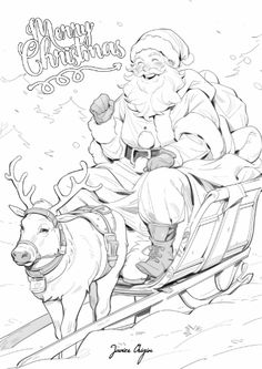 santa claus is riding in a sleigh with his reindeer