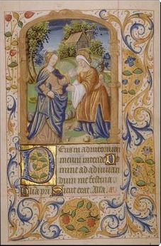 an illuminated manuscript with two women in medieval dress and one woman holding the hand of another woman