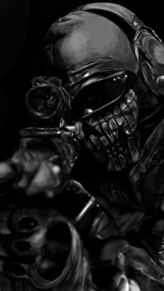 a black and white photo of a skull with goggles on holding a baseball bat