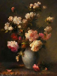 a painting of flowers in a vase on a table