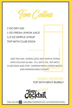 a flyer for a lemonade cocktail with the name tom collins's on it