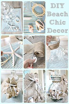 a collage of photos showing how to make a diy beach chic decor