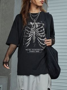 Vintage Distressed Skeleton Print Loose Fit T-Shirt For Dark Rock Music Festival Or Hip Hop Streetwear THE SOUL TRANSCENDS INTO ETERNAL NIGHT, School Black Casual  Half Sleeve Fabric Colorblock,Halloween,Letter,Slogan  Medium Stretch  Women Clothing, size features are:Bust: ,Length: ,Sleeve Length: Womens T Shirts Graphic Tees Fashion, Band Tee Street Style, Rock T Shirt Outfit, Rock Fits, Coffee Pose, Grungy Outfit, Grunge Shirts, Tshirt Grunge, Rock Music Festival