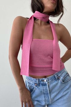 | Sheer Knit Tube Top with Scarf  | 100% Viscose  * MODEL IS 5'7″ AND IS WEARING A SMALL Knitted Tops For Spring Party, Spring Party Knitted Tops, Top With Scarf, Strick Top, Knit Tube Top, Sheer Knit, Tube Top, Clothing Items, Favorite Outfit