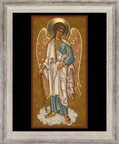 an angel with wings and halo holding a cane in a gold frame on a black background