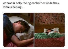 two pictures of a man sleeping in bed with another person laying on the bed next to him