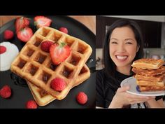 a woman holding up a plate with waffles and strawberries on it next to another photo