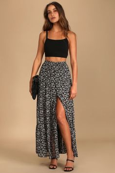 Black Floral Print Skirt - Button-Front Skirt - Tiered Maxi Skirt - Lulus Haute Couture, Summer Outfits Medium Sized Women, Cute Paris Outfits, California Fits, Bohemian Closet, Hawaii 2023, Edgy Summer Outfits, Casual Vacation Outfits, Sweet Vibes