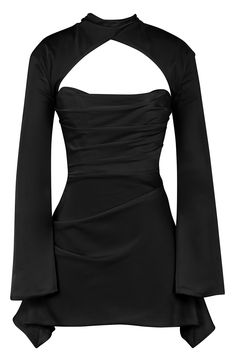 A bold cutout is softened by an elegant cowl neck on a satin minidress cut on the bias and fitted with the corsetry boning for a cinched waist. Exclusive retailer 24" center front length (size Small) Hidden back-zip closure Cowl neck Long sleeves Lined 100% polyester Dry clean Imported Diner Outfits, Draped Corset, Trendy Trouser, Backless Mini Dress, Dinner Outfits, Satin Mini Dress, Mode Inspo, Mini Dresses, Club Dresses