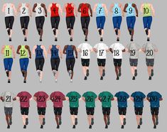 a group of people that are running in different colors and numbers on their shirts,