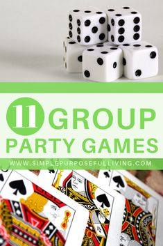 some dices and playing cards with the words group party games on them in green overlay