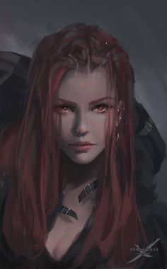 a woman with long red hair and piercings on her head is staring at the camera