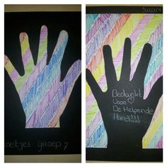 two handprints with words written on them, one is black and the other is multicolored