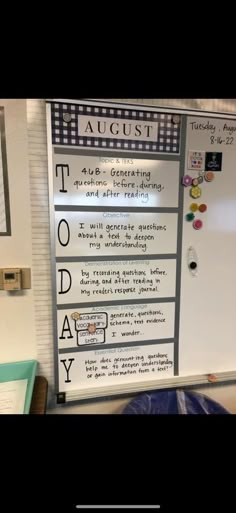 a bulletin board with writing on it in front of a whiteboard that says today